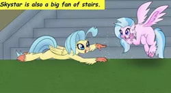 Size: 1149x625 | Tagged: safe, artist:chedx, derpibooru import, edit, princess skystar, silverstream, hippogriff, my little pony: the movie, cousins, cropped, cute, diastreamies, headcanon, image, jpeg, skyabetes, stair, stairs, text, that hippogriff sure does love stairs