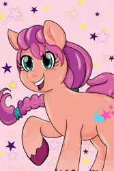Size: 600x900 | Tagged: safe, artist:star14131, derpibooru import, sunny starscout, earth pony, pony, abstract background, cute, female, g5, image, jpeg, mare, open mouth, raised hoof, solo, stars, sunnybetes, unshorn fetlocks