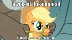 Size: 2208x1242 | Tagged: safe, derpibooru import, edit, edited screencap, screencap, applejack, diamond dog, earth pony, pony, a dog and pony show, bridle, caption, diamond dog guard, dogs riding ponies, image, image macro, jpeg, meme, rope, tack, text