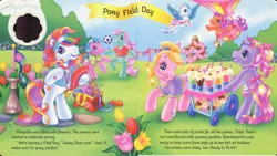 Size: 2552x1444 | Tagged: safe, artist:heckyeahponyscans, artist:lyn fletcher, derpibooru import, cupcake (g3), minty, sparkleworks, star catcher, sunny daze (g3), sweet breeze, triple treat, earth pony, pegasus, pony, apron, bag, banner, bipedal, bow, bubble, bubble wand, cart, clipboard, clothes, cupcake, decoration, dragging, dribbling, drink, female, flag, flower, flying, food, g3, handwritten text, holding a pencil, hot air balloon, image, jpeg, jump rope, kicking, looking at you, open mouth, pencil, polo shirt, pony field day, ribbon, scrunchie, soccer ball (object), soda, stone path, stopwatch, t-shirts, timer, tongue out, trio, trio female, tulip, visor, watch, well, whistle