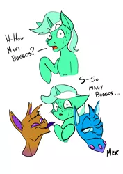 Size: 3508x4961 | Tagged: safe, artist:mekblue, derpibooru import, oc, oc:chris, oc:colarus, oc:mantyx, changeling, unicorn, buggo, changeling oc, comic, funny, horn, image, one eye closed, png, tongue out, unicorn oc, wink