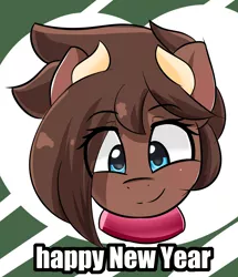 Size: 4304x5000 | Tagged: safe, artist:ribiruby, derpibooru import, oc, oc:ruby big heart, unofficial characters only, earth pony, pony, abstract background, collar, cow horns, female, happy new year, head only, holiday, image, looking at you, mare, png, smiling, solo