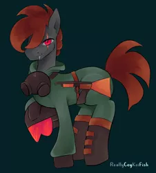 Size: 2105x2327 | Tagged: safe, artist:reallycoykoifish, derpibooru import, earth pony, pony, clothes, commission, face mask, face scar, gas mask, gun, image, mask, military, png, red eyes, scar, shoes, weapon