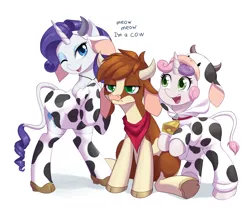 Size: 1280x1076 | Tagged: safe, artist:dstears, derpibooru import, arizona cow, rarity, sweetie belle, cow, unicorn, them's fightin' herds, amused, animal costume, arizona cow is not amused, arizona is not amused, asdfmovie, clothes, community related, costume, cow costume, cowbelle, crossover, cultural appropriation, cute, diasweetes, image, jpeg, one of these things is not like the others, raricow, simple background, species swap, unamused, white background, year of the ox