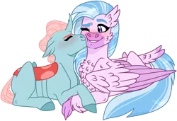 Size: 1024x702 | Tagged: safe, artist:artistcoolpony, derpibooru import, ocellus, silverstream, eyes closed, female, image, kissing, kiss on the cheek, lesbian, ocellustream, one eye closed, png, shipping, simple background, transparent background