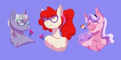 Size: 1911x951 | Tagged: suggestive, artist:spookierdeer, derpibooru import, diamond tiara, silver spoon, twist, anthro, pony, bisexual pride flag, breasts, ear piercing, eyes closed, female, freckles, glasses, heart, image, jewelry, lesbian pride flag, necklace, open mouth, pearl necklace, piercing, png, ponytail, pride, pride flag, purple background, simple background