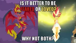Size: 700x394 | Tagged: safe, derpibooru import, edit, edited screencap, screencap, sunset shimmer, demon, equestria girls, equestria girls (movie), friendship games, bare shoulders, big crown thingy, canterlot high, caption, daydream shimmer, element of magic, female, horn, image, image macro, jewelry, png, regalia, sleeveless, solo, strapless, sunset satan, text, wings