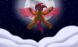 Size: 1280x772 | Tagged: safe, artist:lynnthenerdkitty, derpibooru import, ponified, alicorn, pony, unicorn, artificial alicorn, artificial wings, augmented, change, cloud, eyes closed, flying, full moon, image, jpeg, lyrics in the description, moon, night, open mouth, sari sumdac, singing, transformers, wings, wristband