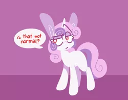 Size: 1474x1156 | Tagged: safe, artist:connorbal, derpibooru import, sweetie belle, pony, unicorn, mentally advanced series, image, long ears, png, purple background, red eyes, simple background, solo, speech bubble, thrackerzod, white pupils