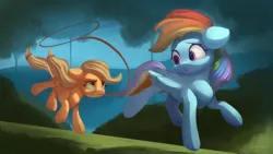 Size: 4038x2271 | Tagged: safe, artist:auroriia, derpibooru import, applejack, rainbow dash, pony, fall weather friends, image, lasso, mouth hold, palindrome get, png, rope, running of the leaves, scene interpretation