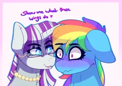 Size: 1309x933 | Tagged: safe, artist:aaa-its-spook, derpibooru import, rainbow dash, twilight velvet, blushing, cougar, female, flirting, glasses, image, jewelry, lesbian, mother, necklace, pearl necklace, png, shipping, this will end in divorce, velvetdash