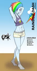 Size: 984x1860 | Tagged: safe, artist:oldskullkid, derpibooru import, rainbow dash, equestria girls, abs, arm behind head, belly button, clothes, hair over one eye, image, jpeg, looking at you, pajamas, piercing