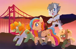 Size: 2048x1325 | Tagged: safe, artist:sketchthewitch, derpibooru import, oc, oc:copper chip, oc:golden gates, oc:silver span, unofficial characters only, pegasus, pony, unicorn, babscon, babscon mascots, golden gate bridge, image, jpeg, mascot, san francisco, united states