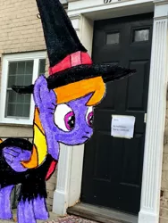 Size: 2448x3264 | Tagged: safe, artist:topsangtheman, derpibooru import, cloud kicker, pegasus, pony, clothes, coronavirus, costume, halloween, holiday, house, image, irl, jpeg, photo, ponies in real life, solo, traditional art, trick or treat, witch