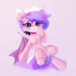 Size: 1574x1574 | Tagged: safe, artist:astralblues, derpibooru import, oc, unofficial characters only, bat pony, pony, chest fluff, cute, ear fluff, fangs, fluffy, heart eyes, hoof fluff, hoof hold, image, jpeg, leg fluff, looking at you, shy, sitting, wingding eyes