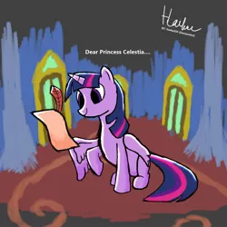 Size: 1080x1080 | Tagged: safe, artist:haekal20, derpibooru import, princess celestia, twilight sparkle, twilight sparkle (alicorn), alicorn, pony, castle, image, jpeg, quill, scroll, solo, twilight's castle