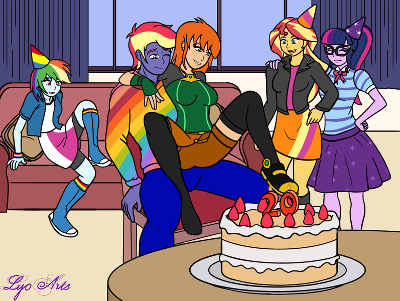 Size: 1275x960 | Tagged: suggestive, artist:linedraweer, derpibooru import, rainbow dash, sci-twi, sunset shimmer, twilight sparkle, oc, oc:chrystine mirage, oc:rainbow lightspeed, equestria girls, breasts, cake, clothes, colored, commission, female, flat colors, food, glasses, image, insertion, lidded eyes, lifting, male, oc x oc, one eye closed, open mouth, png, shipping, sitting, skirt, soft color, straight