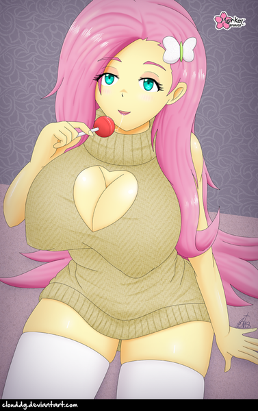 Size: 787x1252 | Tagged: suggestive, alternate version, artist:clouddg, derpibooru import, fluttershy, equestria girls, big breasts, boob window, breasts, busty fluttershy, candy, cleavage, clothes, drool, drool string, erect nipples, female, food, image, lidded eyes, lollipop, looking at you, nipple outline, open-chest sweater, png, smiling, socks, solo, solo female, stockings, sweater, sweatershy, thigh highs