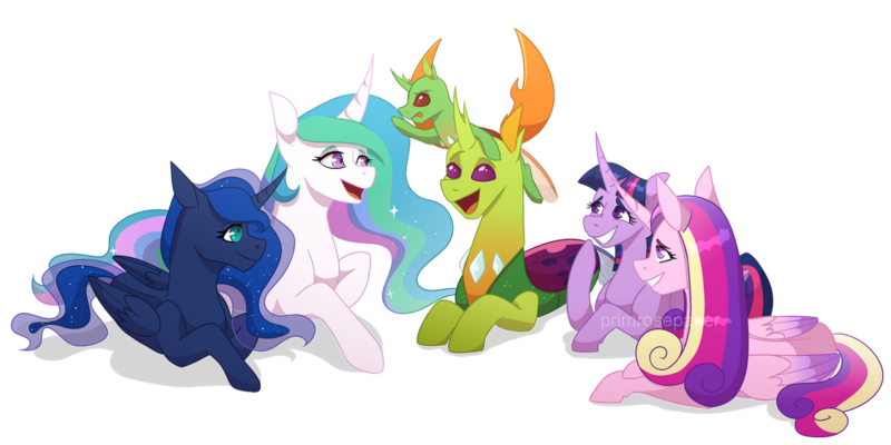 Size: 1280x640 | Tagged: safe, artist:primrosepaper, derpibooru import, princess cadance, princess celestia, princess luna, thorax, twilight sparkle, oc, oc:apex, alicorn, changedling, changeling, nymph, fanfic, fanfic:the king of love bugs, alicorn tetrarchy, cute, fanfic art, female, giggling, image, king thorax, male, png, pony hat, talking, thorabetes, twilight sparkle (alicorn)