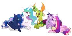 Size: 1280x640 | Tagged: safe, artist:primrosepaper, derpibooru import, princess cadance, princess celestia, princess luna, thorax, twilight sparkle, oc, oc:apex, alicorn, changedling, changeling, nymph, fanfic, fanfic:the king of love bugs, alicorn tetrarchy, cute, fanfic art, female, giggling, image, king thorax, male, png, pony hat, talking, thorabetes, twilight sparkle (alicorn)