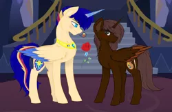 Size: 1610x1056 | Tagged: safe, artist:lightningarrow, derpibooru import, oc, oc:chebypattern, oc:ligtninarrow, unofficial characters only, alicorn, alicorn oc, blushes, flower, gay, horn, image, male, png, rose, royalty, shipping, wings