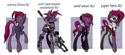 Size: 2799x1235 | Tagged: safe, artist:j053ph-d4n13l, derpibooru import, fizzlepop berrytwist, tempest shadow, oc, oc:fizzlepop berryfield, oc:shadow temptress, oc:techno shadow, oc:tempest stormblast, cyborg, pony, robot, robot pony, unicorn, alternate hairstyle, alternate universe, amputee, armor, belt, broken horn, choker, cigarette, clothes, commission, corset, eye scar, female, fishnets, goggles, grenade, gun, handgun, hat, holster, horn, image, jacket, knife, mare, mask, missing cutie mark, one eye closed, pistol, png, post-apocalyptic, pouch, prosthetic limb, prosthetics, radio, raised hoof, rifle, scar, simple background, smoke, smoking, sniper rifle, socks, solo, spiked choker, stockings, superhero, thigh highs, transparent background, weapon, wink