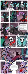 Size: 1500x3900 | Tagged: safe, artist:nancy-05, author:bigonionbean, derpibooru import, king sombra, oc, oc:empress sacer malum, oc:melicus ostium, changeling, changeling queen, pony, siren, skeleton pony, undead, unicorn, comic:fusing the fusions, comic:time of the fusions, absorption, armor, bone, comic, commissioner:bigonionbean, confused, corpse, curved horn, dead, deflation, draining, female, fusion, fusion:empress sacer malum, fusion:melicus ostium, horn, image, jewelry, magic, not an alicorn, png, possessed, possession, queen umbra, regalia, rule 63, skeleton, squishy cheeks, swirly eyes, talking to herself, tartarus, water fountain