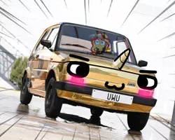 Size: 900x720 | Tagged: safe, derpibooru import, edit, editor:shyinka, sunset shimmer, oc, oc:fiat 126p, equestria girls, fabulous, fiat, fiat 126p, gold, image, jpeg, owo, poland, speed lines, uwu