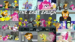 Size: 1975x1111 | Tagged: safe, derpibooru import, edit, edited screencap, editor:quoterific, screencap, applejack, cheese sandwich, fluttershy, giggleberry, lavender chuckle, lavender flask, lemon honey, pinkie pie, pun twirl, rainbow dash, sans smirk, spike, earth pony, pegasus, pony, the last laugh, applejack's hat, bipedal, cowboy hat, eyes closed, female, grin, gritted teeth, hat, image, kneeling, male, microphone, nervous, nervous grin, nose in the air, open mouth, png, singing, smiling, teeth, twilight's castle