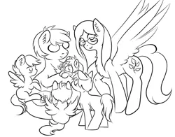 Size: 4391x3444 | Tagged: safe, artist:coco-drillo, derpibooru import, oc, oc:cocodrillo, earth pony, pegasus, pony, brothers, caress, chest fluff, clothes, ear fluff, family, flying, foal, glasses, group, holding a pony, image, male, messy mane, monochrome, newborn filly, parents:oc x oc, png, round glasses, scarf, siblings, simple background