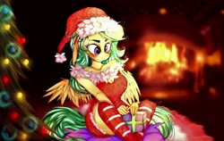 Size: 4758x3000 | Tagged: safe, artist:limonca, derpibooru import, oc, oc:summer ray, anthro, pegasus, blushing, christmas, christmas lights, christmas tree, clothes, dress, fireplace, holiday, image, png, present, socks, solo, tree