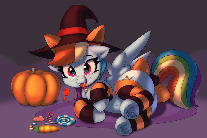 Size: 4096x2719 | Tagged: safe, artist:pabbley, derpibooru import, rainbow dash, pegasus, pony, belly button, bow, candy, clothes, collar, cute, cute little fangs, dashabetes, fake ears, fangs, floating heart, food, frog (hoof), halloween, hat, heart, holiday, image, jpeg, leg warmers, looking at you, open mouth, pabbley is trying to murder us, pumpkin, smiling, socks, solo, striped socks, tail, tail bow, underhoof, wings, witch hat