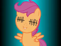 Size: 960x720 | Tagged: safe, artist:angrymetal, derpibooru import, scootaloo, pegasus, pony, .exe, 1000 hours in ms paint, female, filly, image, png, sally.exe, smiling, stitched eyes, stitches, why