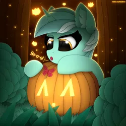 Size: 3000x3000 | Tagged: safe, artist:alexbefest, derpibooru import, lyra heartstrings, butterfly, insect, pony, unicorn, cute, ear fluff, female, halloween, holiday, image, jack-o-lantern, mare, png, pumpkin, solo, spooky