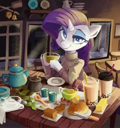 Size: 3601x3849 | Tagged: safe, artist:saxopi, derpibooru import, rarity, pony, unicorn, bread, bubble tea, butter, cafe, chair, clothes, crackers, cup, food, horn, image, jpeg, knife, leaves, looking at you, plate, saucer, smiling, solo, spoon, straw, sweater, table, tea, teapot