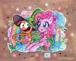 Size: 3200x2544 | Tagged: safe, artist:valeriamagicart, derpibooru import, pinkie pie, earth pony, pony, blushing, chest fluff, cupcake, cute, daaaaaaaaaaaw, duo, female, food, hat, image, jpeg, male, mare, marker drawing, rainbow, stars, traditional art, wander (wander over yonder), wander over yonder