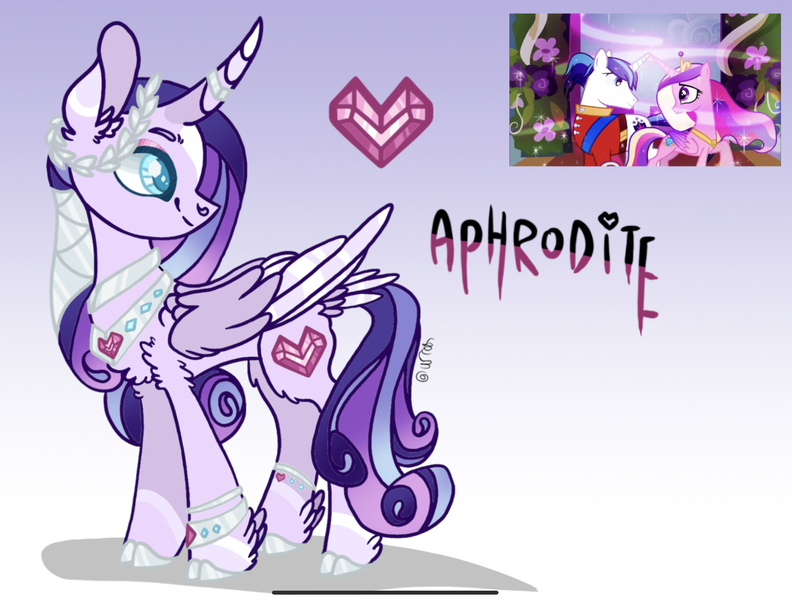 Size: 2202x1668 | Tagged: safe, artist:caramelbolt24, derpibooru import, princess cadance, shining armor, oc, oc:aphrodite, alicorn, pony, unicorn, abstract background, alicorn oc, chest fluff, clothes, curved horn, ear fluff, female, horn, horn ring, image, jewelry, jpeg, looking back, male, mare, offspring, parent:princess cadance, parent:shining armor, parents:shiningcadance, ring, screencap reference, signature, smiling, stallion, two toned wings, wings