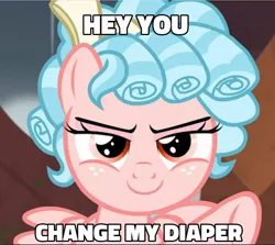 Size: 674x600 | Tagged: safe, deleted from derpibooru, derpibooru import, edit, edited screencap, screencap, cozy glow, pegasus, pony, frenemies (episode), caption, female, filly, image, image macro, implied diaper, jpeg, pointing, smug, text