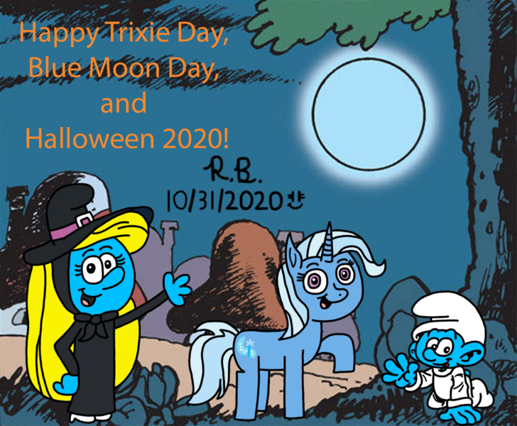 Size: 1280x1055 | Tagged: safe, artist:royalsmurf, derpibooru import, trixie, pony, unicorn, baby smurf, blue moon, halloween, halloween 2020, holiday, image, moon, night, png, smurfette, the smurfs