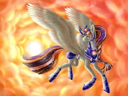 Size: 1280x960 | Tagged: safe, artist:sizaru, derpibooru import, oc, unofficial characters only, alicorn, pony, alicorn oc, armor, cloud, commission, digital art, female, flying, horn, image, jpeg, looking back, mare, sky, solo, spread wings, sunset, tail, wings