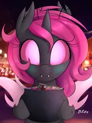 Size: 1637x2200 | Tagged: safe, artist:illusion, derpibooru import, oc, oc:idem, changeling, blushing, buzzing wings, candy, fangs, food, halloween, happy, holiday, image, pink changeling, png, smiling, solo, wings
