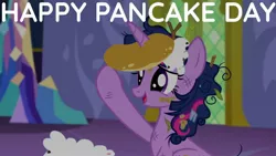 Size: 1920x1080 | Tagged: safe, derpibooru import, edit, edited screencap, editor:quoterific, screencap, twilight sparkle, twilight sparkle (alicorn), alicorn, pony, castle sweet castle, female, food, i'm pancake, image, jpeg, messy mane, open mouth, pancakes, solo, twilight's castle