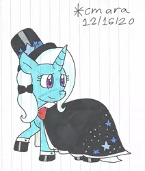 Size: 931x1098 | Tagged: safe, artist:cmara, derpibooru import, trixie, pony, unicorn, bowtie, cape, clothes, dignified wear, dress, female, gala dress, hat, hoof shoes, image, jpeg, mare, raised hoof, simple background, solo, top hat, traditional art, white background