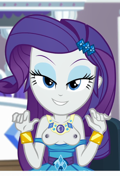 Size: 738x1080 | Tagged: questionable, derpibooru import, edit, edited screencap, screencap, rarity, camping must-haves, equestria girls, equestria girls series, spoiler:eqg series (season 2), areola, bedroom, bedroom eyes, breasts, busty rarity, exposed breasts, female, flashing, flashing boobs, image, looking at you, nipples, nudity, partial nudity, partial nudity edit, png, solo