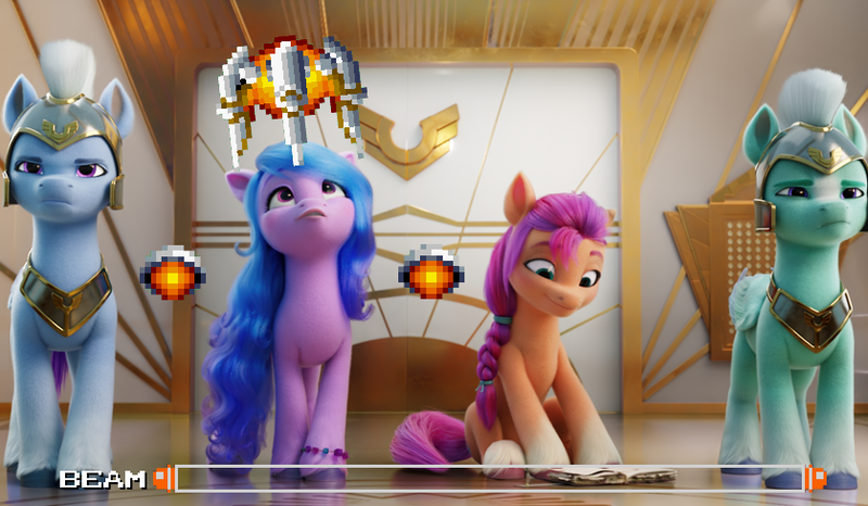 Size: 839x489 | Tagged: safe, derpibooru import, edit, edited screencap, screencap, izzy moonbow, sunny starscout, unnamed character, unnamed pony, earth pony, pegasus, pony, unicorn, my little pony: a new generation, spoiler:my little pony: a new adventure, bits, g5, guard, image, png, r-type, round force, thunder (g5), zoom zephyrwing