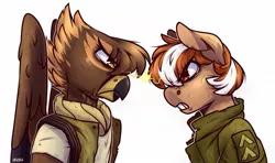 Size: 1163x687 | Tagged: safe, artist:lrusu, derpibooru import, oc, oc:gabriela hawkins, oc:roulette, unofficial characters only, anthro, earth pony, gryphon, pony, fallout equestria, angry, clothes, female, frown, gritted teeth, image, intense stare, jacket, jpeg, looking at each other, mare, rivalry, scarf, simple background, white background, wings
