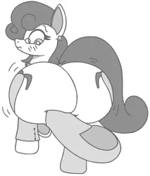 Size: 1479x1737 | Tagged: suggestive, artist:chespi, derpibooru import, oc, oc:silver lining, unofficial characters only, earth pony, pony, blushing, both cutie marks, butt, butt expansion, clothes, cute, dock, ear piercing, female, glasses, growth, huge butt, image, jiggle, large butt, looking at butt, mare, monochrome, piercing, png, raised hoof, shirt, simple background, socks, solo, solo female, stockings, stretched cutie mark, the ass was fat, thigh highs, underhoof, wavy mouth, white background, worried