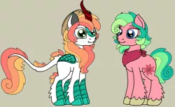 Size: 1024x629 | Tagged: safe, artist:rosefang16, derpibooru import, oc, oc:acacia, oc:orchard fire, unofficial characters only, kirin, pony, brother and sister, brown background, duo, female, image, interspecies offspring, jpeg, kirin hybrid, male, offspring, parent:big macintosh, parent:oc:dahlia, parents:canon x oc, siblings, simple background