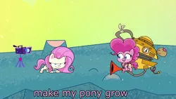 Size: 1920x1080 | Tagged: safe, derpibooru import, edit, edited screencap, screencap, fluttershy, pinkie pie, earth pony, pegasus, pony, my little pony: pony life, spoiler:pony life s02e02, caption, duo, duo female, female, growth, image, image macro, mare, png, power rangers, text, the crystal capturing contraption