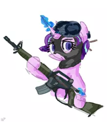 Size: 624x713 | Tagged: safe, artist:chaoticchloride, derpibooru import, starlight glimmer, pony, unicorn, alternate hairstyle, balaclava, glowing horn, gun, horn, image, military, png, rifle, solo, weapon